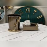 ست سطل و جا دستمالی مدل لیلیوم رنگ زیتونی طلا
